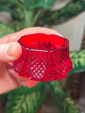Vintage Mosser Glass Ruby Red Hatched Panel Open Salt Cellar Dip Ring Dish